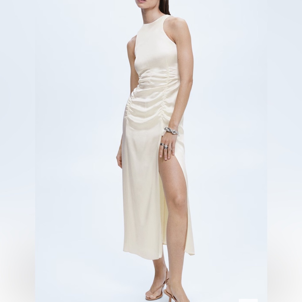 Mango satin draped ruched Cream Sleeveless Dress